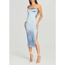 SER.O.YA Birdie Dress Satin Hi Slit Open Strap Back Midi Blue NWT  L