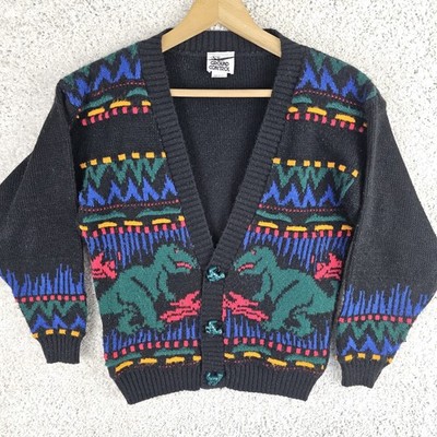 Vintage Ground Control Colorful Dinosaur Cardigan Sweater Kids Medium 12-14 USA