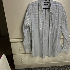 Nautica Tailored Fit Non-Iron White/Blue Check Button-Down Dress Shirt L 32/33