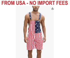 Mens American Flag Overalls Denim Bib Shorts Romper Adjustable Strap with Pocket