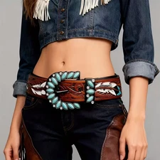 WOMEN MEN WESTERN BROWN LEATHER BELT TURQUOISE Size Small belt length is 39in