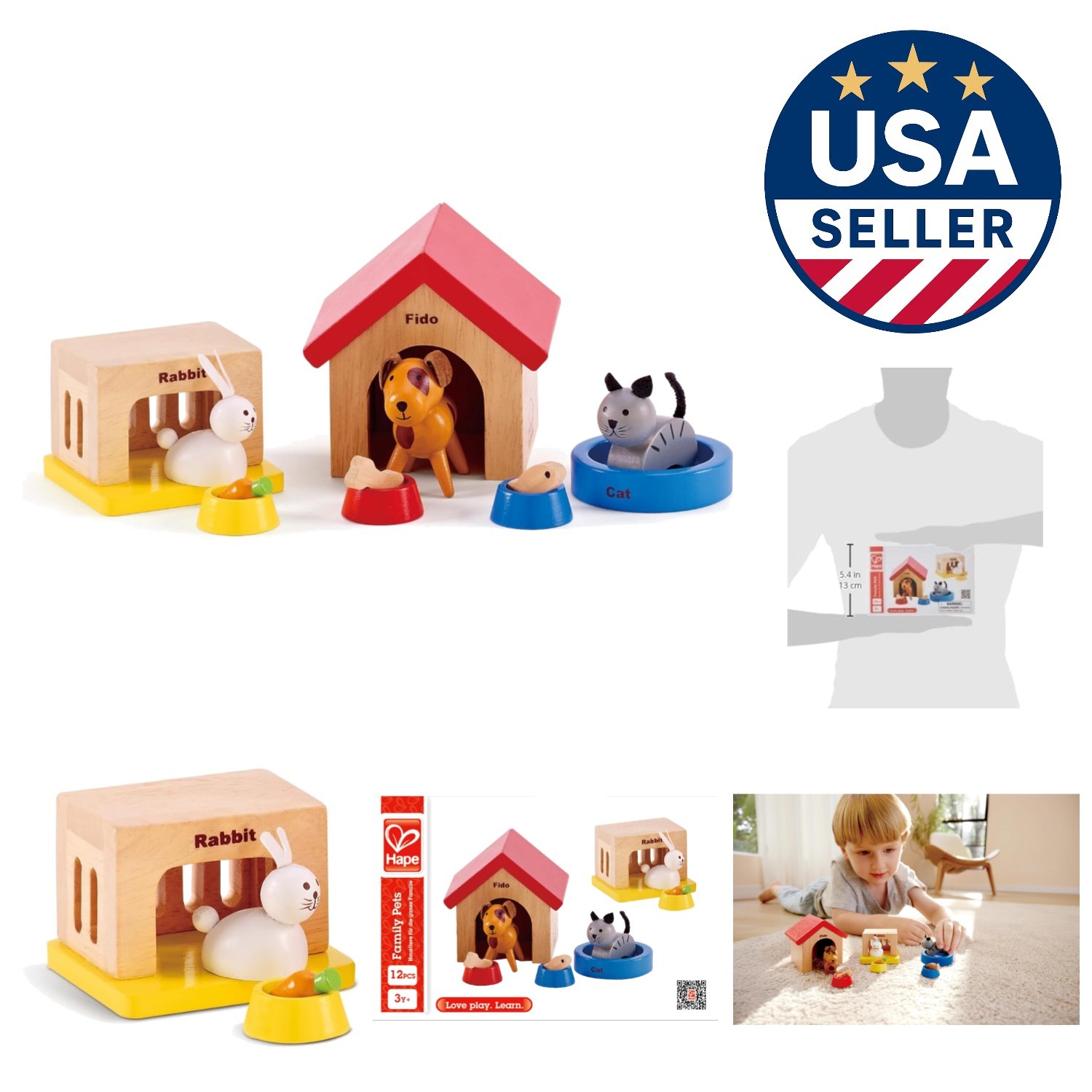 Eco-Friendly Wooden Dollhouse Family Pets - Safe Play for Im