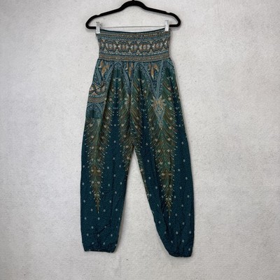 Handmade Harem Pants Womens S/M Green Rayon Paisley Boho Elastic Waist Pockets