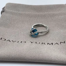 David Yurman Sterling Silver Cable Wrap Blue Topaz and Diamond Ring Size 6