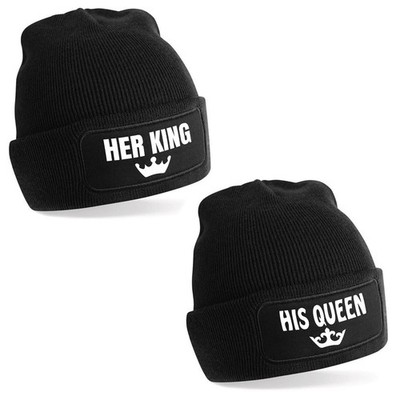 2er Set Beanie Mütze mit Spruch HER KING & HIS QUEEN Strickmütze Geschenkidee