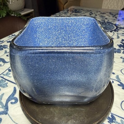 Stunning Deep Blue Square Glass/Ceramic Bowl Speckled Glitter Interior Unique