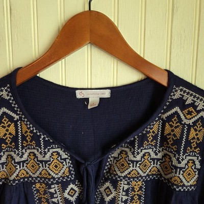 Cb Established 1962 Blouse Womens L Blue Scoop Neck 3/4 Sleeve Embroidered Top