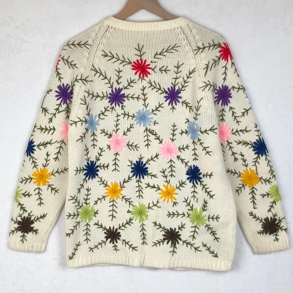 Cárdigan tejido floral bordado a mano vintage para mujer talla L marfil cottagecore Foto 2 de 4