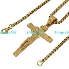 18K Yellow Gold Filled Tarnish-Free INRI Cross Pendant Box Chain Necklace L123Y
