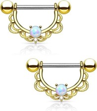 Fire Opal & Diamond 14K Yellow Gold Over Filigree Drop Nipple Barbell Ring 14G