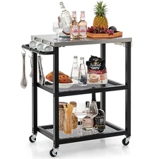3-Tier Stainless Steel Food Prepare Dining Cart Table w/ Hooks & Tissue Holder