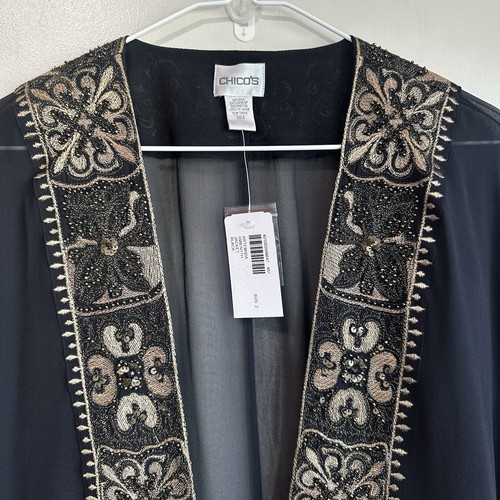 Women's Chico's Jacket Sz 2 Semi Black Sheer Tie Front SILK Artemisia Gwenyth - Picture 3 of 10