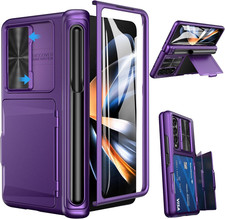 for Galaxy Z Fold 4 Case with Card Holder S Pen Holder Slide Lens Cover, Bui