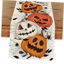  Pumpkins Spider Web Halloween Table Runner, 13" x 90", Table Runner Beige