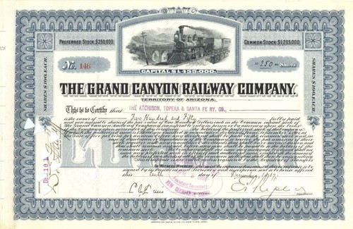 Grand Canyon Railway Co. - 1907 dated Railway Stock Certificate - Branch Line