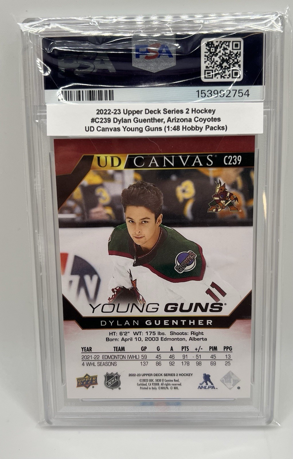 2022-23 UD Ser. 2,#C239 Dylan Guenther UD Canvas Young Guns (1:48 Packs), PSA 10 view 5