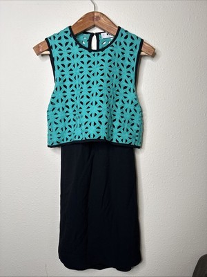 MSGM Black Green Teal Crochet Knit Sheath Sleeveless Dress 42 Italy Designer