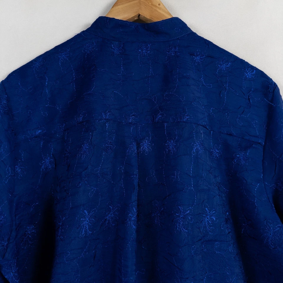 Camisa Blusa Coldwater Creek Talla Grande Azul Abotonada Floral Bordada Transparente Foto 4 de 4