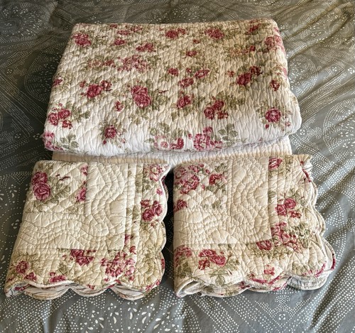 French Boutis Pique King Quilt Set Floral 100% Cotton + Shams Reversible Vintage