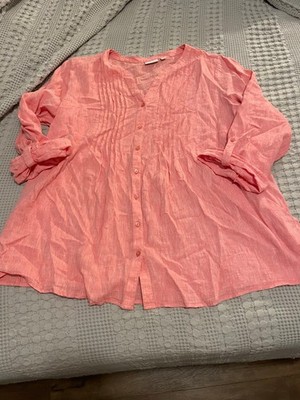 Women's Kim Rogers Button Down Shirt 2X Pink coral Linen Blend