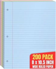 Colored Notebook Paper 8.5x11, Wide Ruled, Lined Loose Leaf, 200/Pack