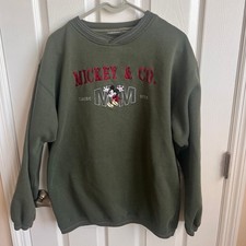 Mickey  Co. Embroidered Sweatshirt Vintage Style Olive Green Pullover Size L