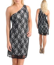 New One Shoulder Day/Evening Lace Dress Black Grey Plus Size XL 2XL 3XL
