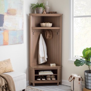 Driftwood Finish Corner Hall Tree Storage Bench Entryway Furniture