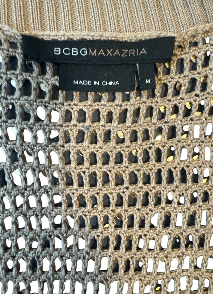 BCBGMAXAZRIA Mujer 100% Seda Dorado Tejido Encogerse de hombros con Lentejuelas Doradas Talla M Foto 4 de 4