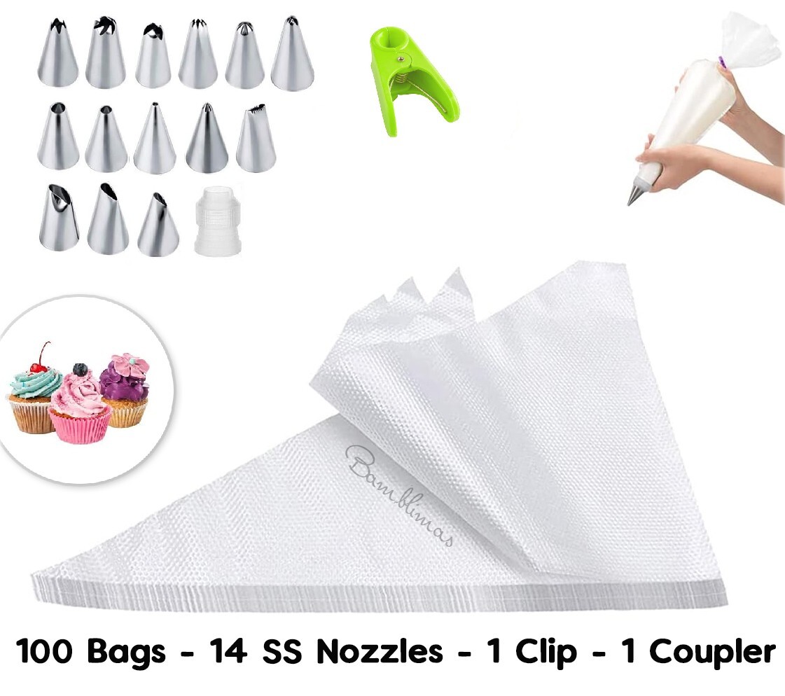 100 Disposable Piping Bags 14 Nozzles Adaptor Clip Cake Decorating Baking Set UK