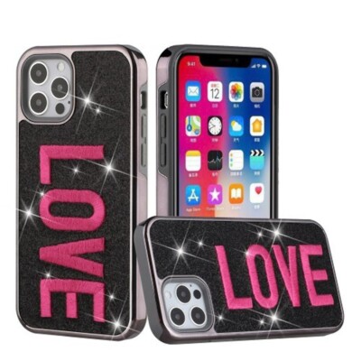 PINK Embroidery Glitter Chrome Hybrid Case for iPhone 12 Pro Max
