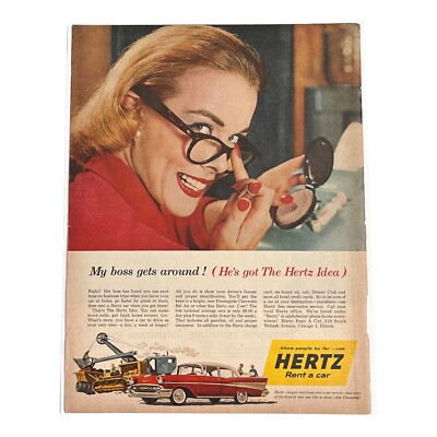 1957 Hertz Print Ad My Boss Gets Around Chevy Blonde Woman Compact Water Cooler
