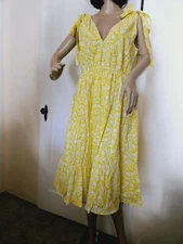 NWT PINK CITY PRINTS V Neck Midi Jasmine Dress in Yellow Lemon Tulip XS S M