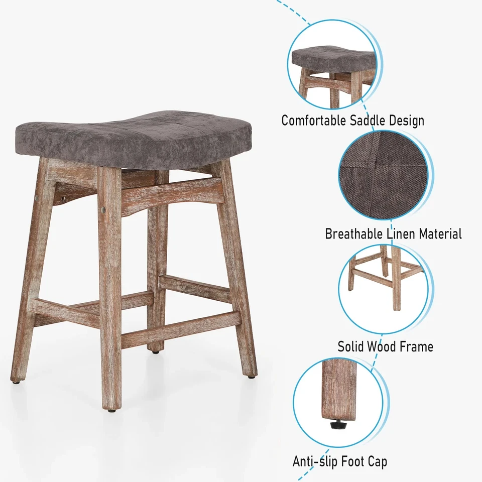 Saddle Backless Bar Linen Fabric Counter Height 24'' Bar Stools for Kitchen - Image 3 of 4
