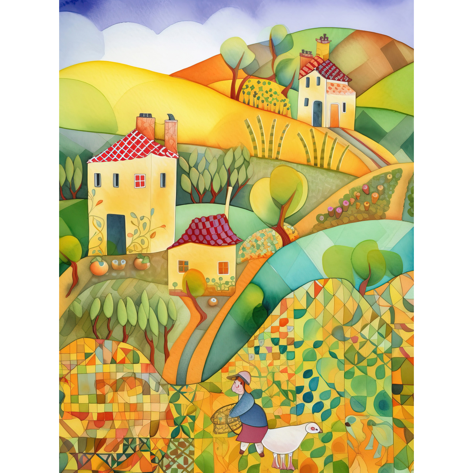Countryside Farming Modern Folk Art Watercolour Huge Wall Art Poster Print Giant