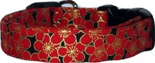 Red  Black Metallic Asian Blossoms FLowers Custom Handmade Dog Collar