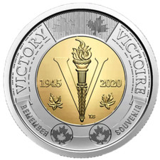 Canada $2 Dollars Coin, "V" Victory Toonie, Bi-Metallic, World War, 2020