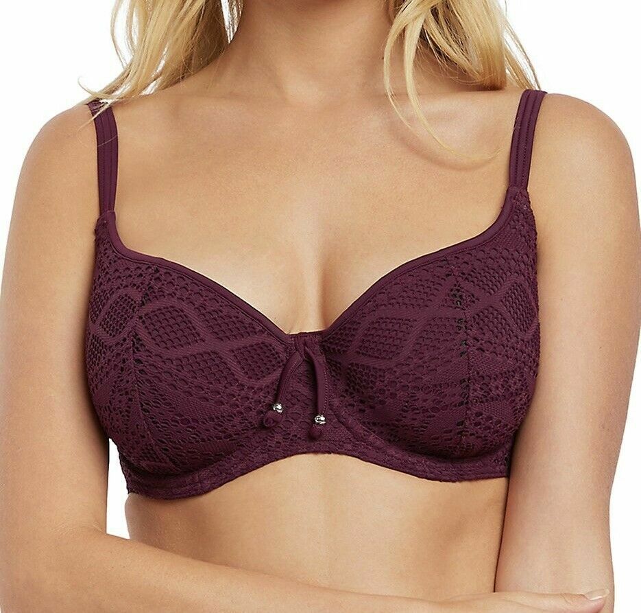 Freya Sundance Bikini Top Black Cherry 34D Padded Sweetheart Balcony Bra 3970