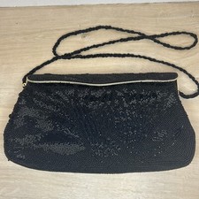 Vintage Black Fully Beaded Handbag Made In Korea Satin Interior