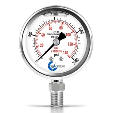 2-1/2" Pressure Gauge, ALL STAINLESS STEEL, Liquid Filled, Lower Mnt, 2000 Psi