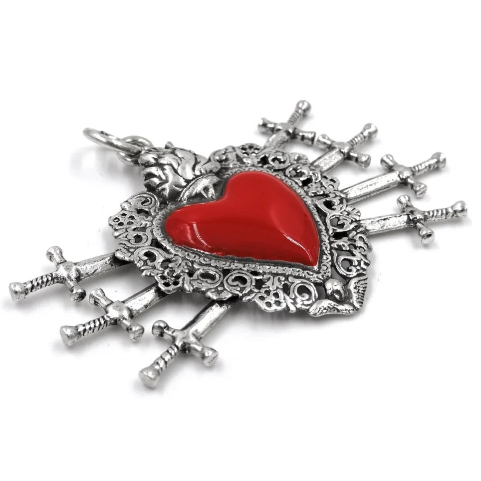 Ciondolo Cuore Ex Voto con Sette Spade in Argento 800 Smaltato Rosso - Immagine 2 di 4