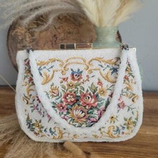Vintage Handmade Beaded Needlepoint Tapestry Floral Purse Clutch Gold Frame