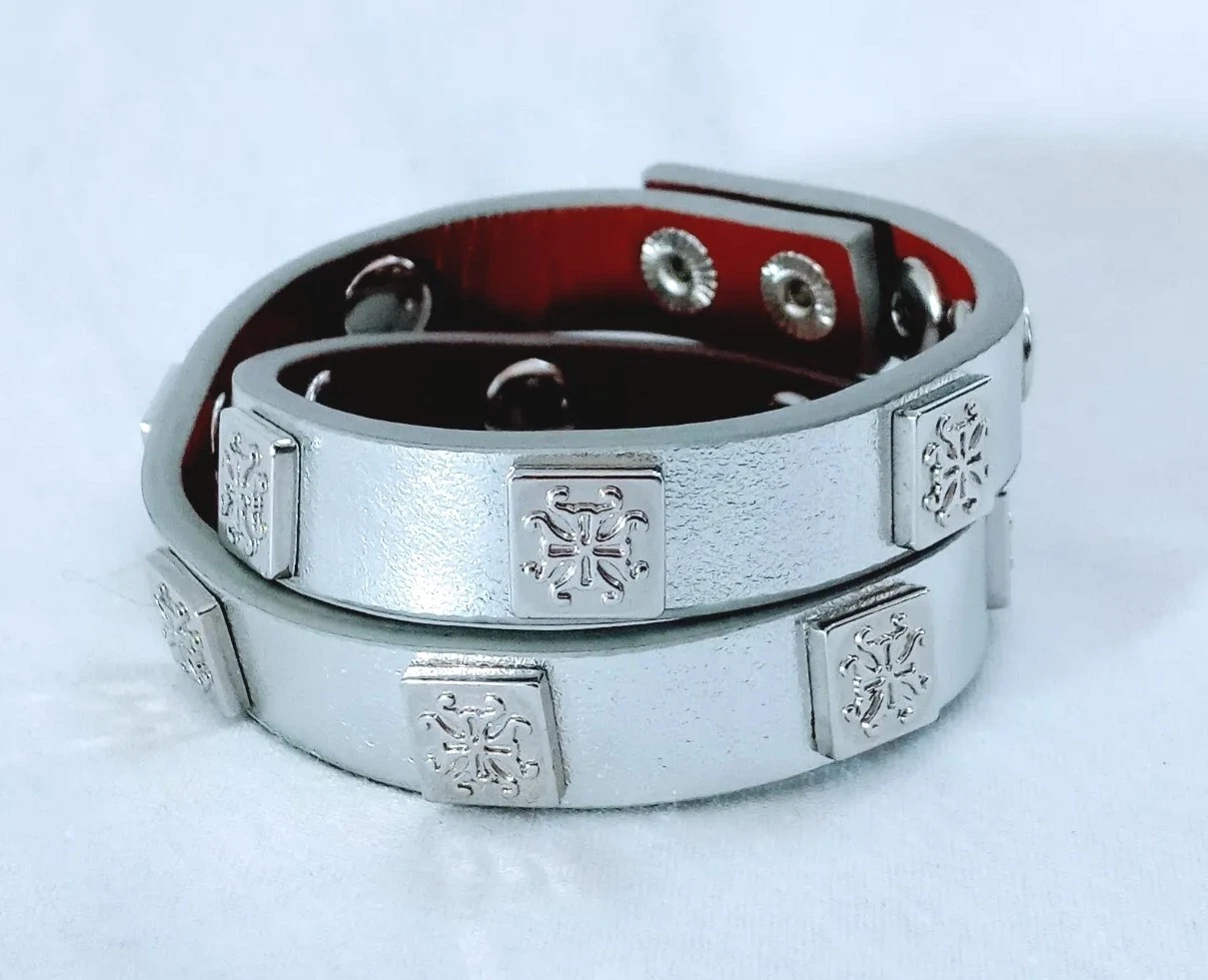 VALENTINO Bracciale Rustico Pensionato Argento Pelle Metallizzata Doppio Avvolgimento Scatto RC Regola
