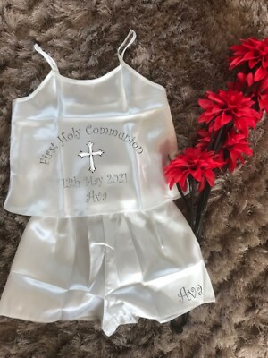 Kinder Personalisiert Kommunion Konfirmation Tag Satin Seidig Cami Kinder