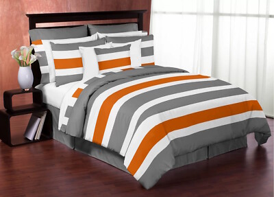 Orange Gray Grey White Rugby Striped 3 pc Comforter Sham Set Twin Full Queen Bed