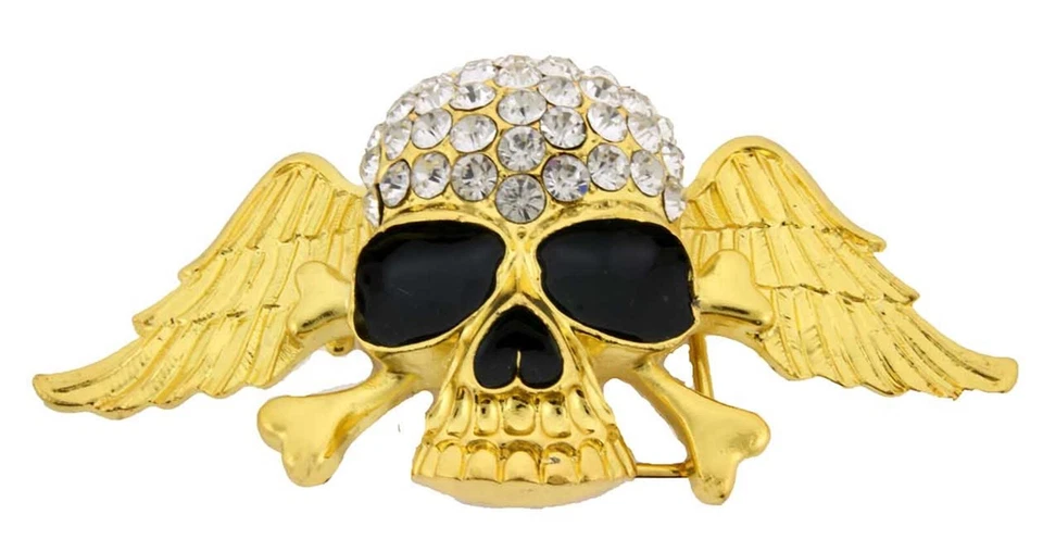 Calavera Huesos Cruzados Metal Dorado Deslumbrante Estrás Helado Cinturón Hebilla Nuevo Para Hombres Mujeres Foto 3 de 4