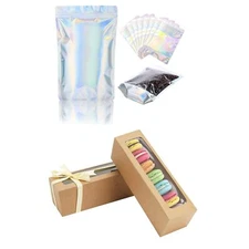 100 PCS Holographic Mylar Bags and 25 Pack Macaron Box with Clear Window