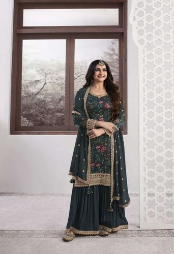 Abito Salwar Kameez Ricamato Indiano – Plazzo In Georgette, Semi Cucito, Max 116,8 Cm