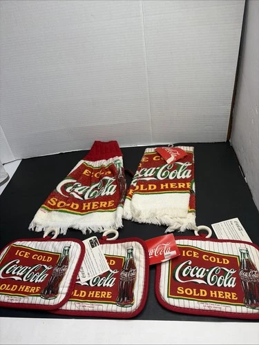 VTG 1990 Coca Cola 5-pc Kitchen Set :pot Holders And Towels “Ice Cold Sold Here