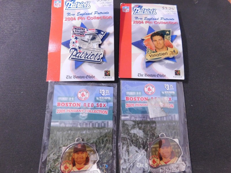 Lot of 4 NEW ...2 PATRIOTS 2004 lapel pins and 2 RED SOX 2005 DAMON pendants